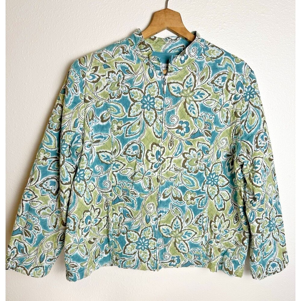 Alfred Dunner Petite Quilted Floral Blue/Green Jacket Womens 16P Full Zip Cotton
